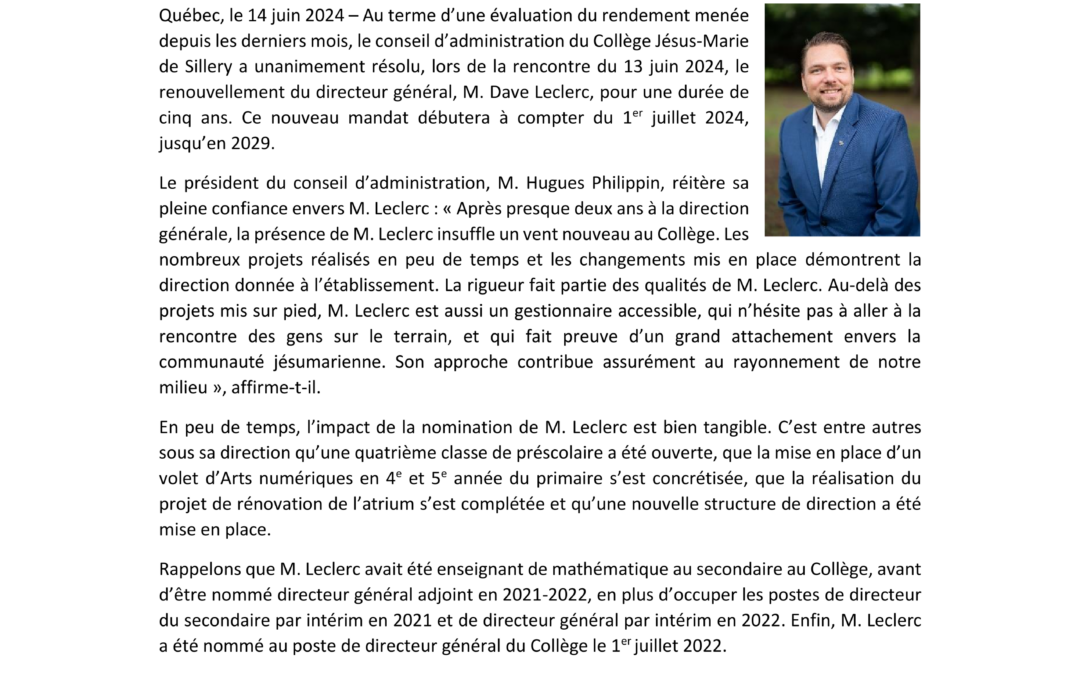 Renouvellement de mandat du directeur général