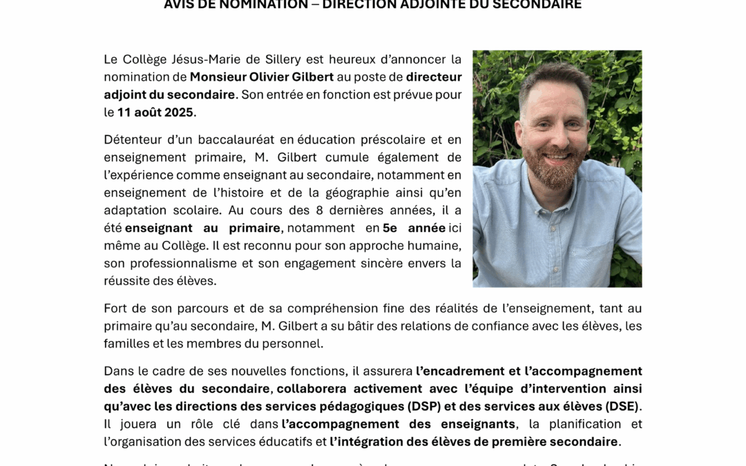 Avis de nomination à la Direction adjointe du secondaire